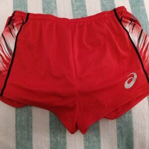 NWOT RED ASICS RUNNING SHORTS WITH SIDE ACCENTS, SIZE "XL", (~33"-35")